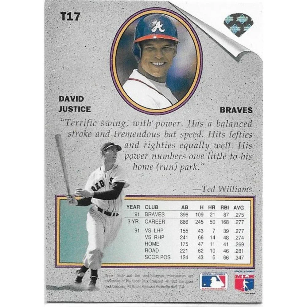 David Justice cards with 1992 Upper Deck Ted Williams' Best #T17